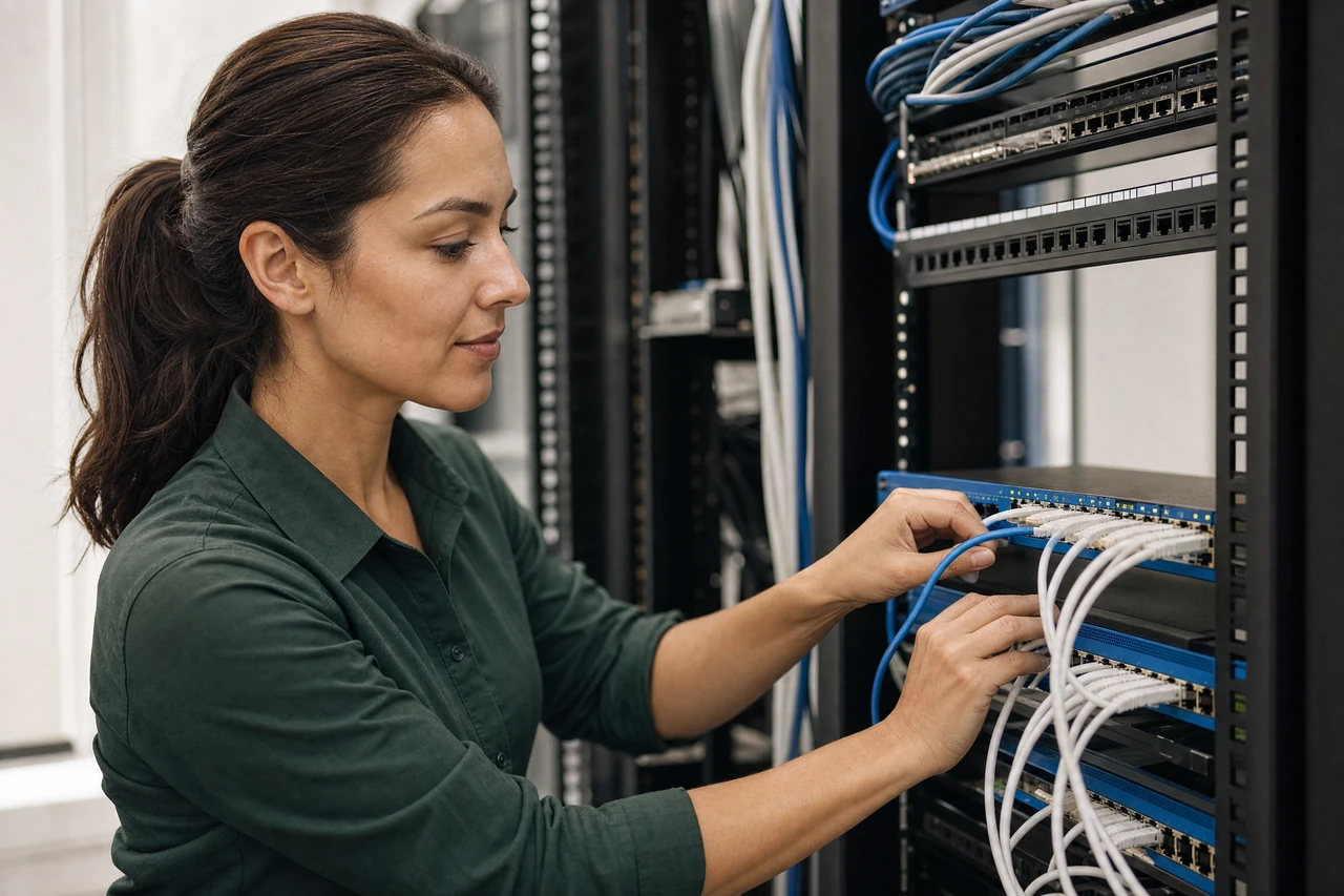 Female network technician connecting an Ethernet cable to a switch in an equipment rack.